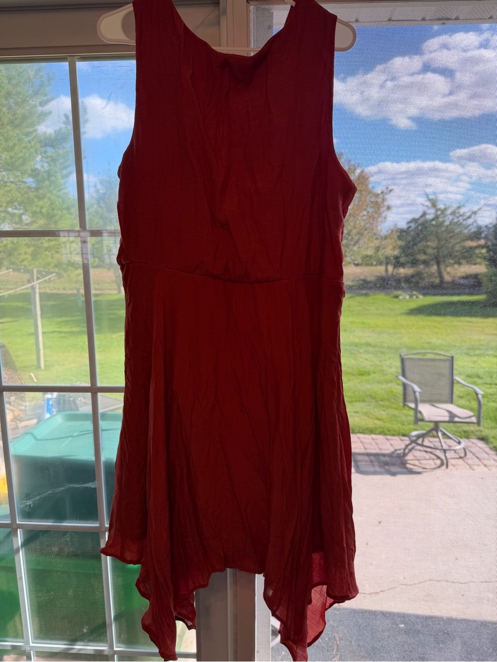 Luxology Sleeveless Crimson Handkerchief-Hem Dress